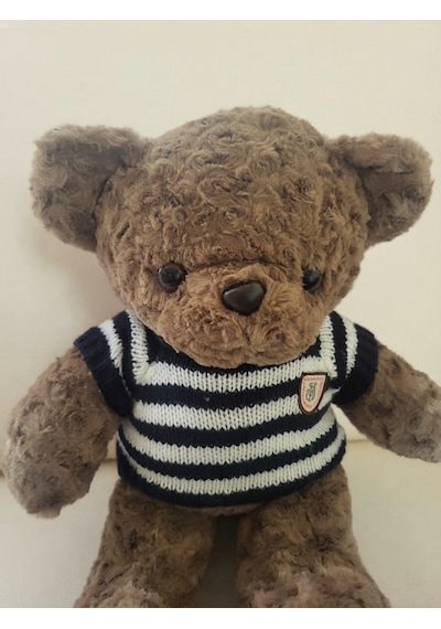 Peluş Tedi Lacivert Çizgili Kazaklı Ayıcık 50 Cm Kahverengi-lacivert