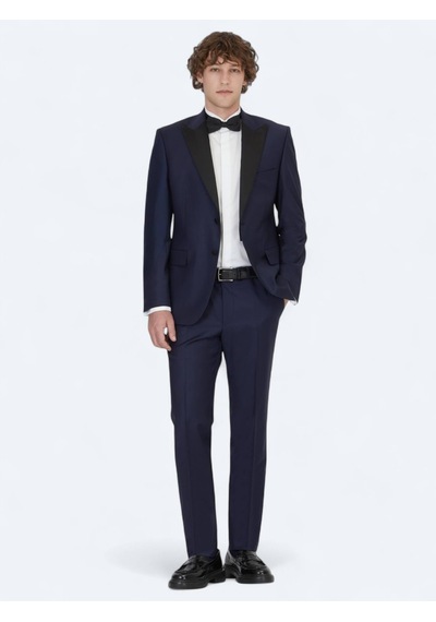 Saks Düz Slim Fit Kruvaze Yaka Dokuma Smokin Takım Elbise Saks