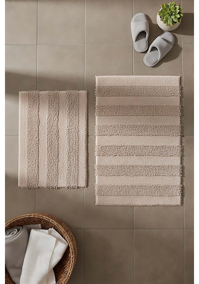 Bej Kabartmalı Çizgili 2 Li Banyo & Klozet Paspas Takımı Bej