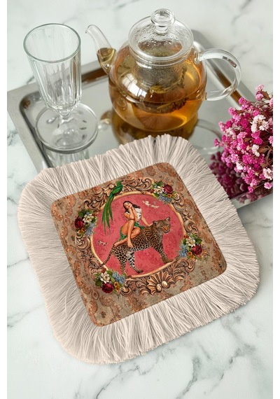 Vintage Kraliyet Saçaklı Sunum Peçetesi - Egzotik Bohem Pembe Altın Renkli Kahve Yanı Sunum Mendili Çok Renkli