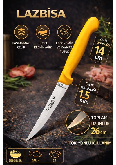 Lazbisa Mtf-007 Gold Serisi Mutfak Bıçak Seti Et Ekmek Sebze Bıçağı 4 Lü Set Günlük Kullanım Sarı