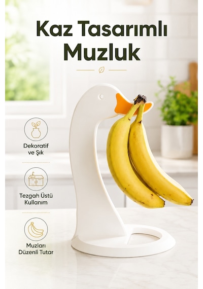 Kaz Figürlü Muzluk Muz Askısı Dekoratif Tezgah Üstü Muz Tutucu 3d Baskı - Beyaz