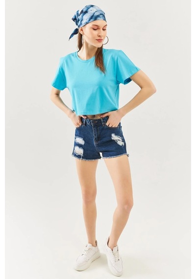 Kadın Rahat %100 Pamuklu Penye Bisiklet Yaka Kısa Kol Basic Crop T-shirt Aqua