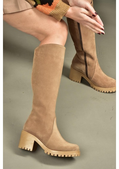Fox Shoes R654047702 Taba/kahverengi Hakiki Deri Süet Kalın Topuklu Kadın Çizme Kahverengi - Taba