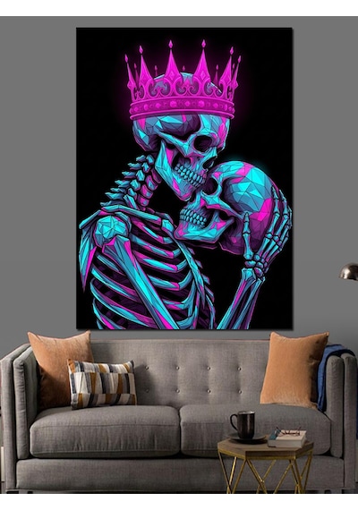 Ahşap Tablo Neon Işıklı İskelet Aşkı Portresi