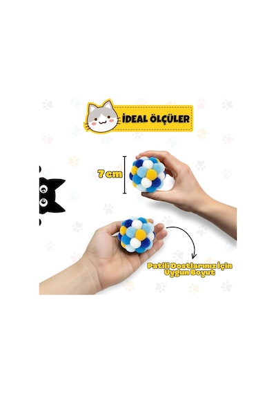 Orletz Çıngıraklı Ponpon Kedi Oyuncağı - Renkli İnteraktif Peluş Top - Zilli Yuvarlanan Kedi Topu - Çiğneme Ve