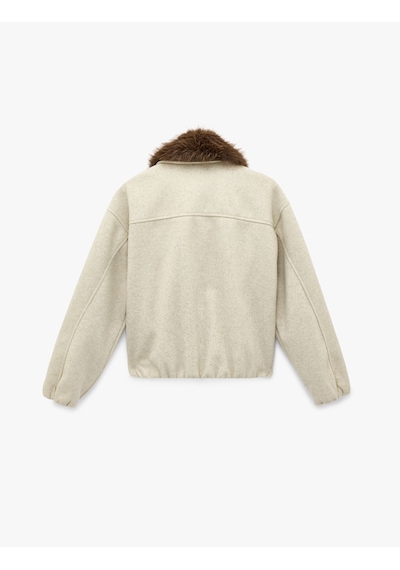 Koton Uzun Kollu Cepli Çıkarılabilir Suni Kürk Yaka Kaşe Crop Bomber Ceket Vızon Melanj 6wak20483ew Vizon