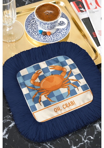 Retro Marin Stil Saçaklı Dekor Peçetesi - Deniz Kabuklu Coastal Lacivert Bardak Altlığı Mendil Grili Krem Bej
