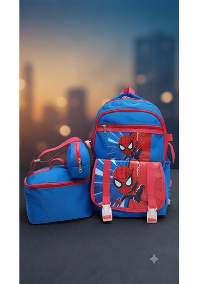 İlkokul 3 Lü Set Karekter Desenli Laptop Bölmeli Kalemlik,beslenme Çantalı Erkek Çocuk Okul Sırt Çantası 41 27 17 Cm Mavi