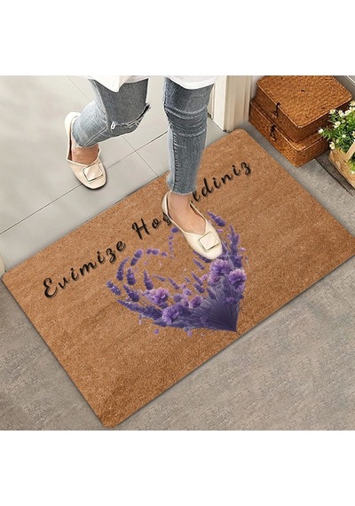Valerine Life Kalp Çemberi Lavanta Evimize Hoş Geldiniz Kapı Önü Paspası 45x70cm