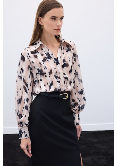 Sateen Geniş Manşetli Desenli Gömlek - Bej-136584 Bej