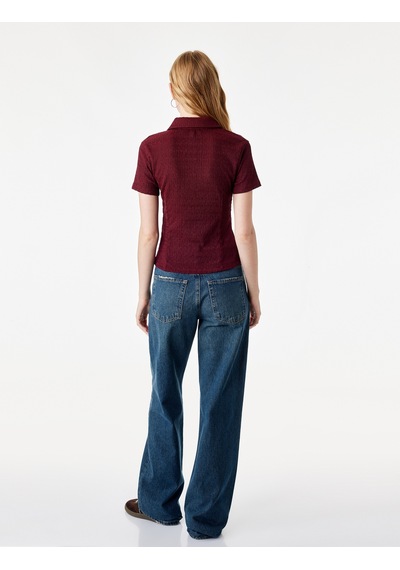 Koton Regular Fit Kısa Kollu Düğmeli Bürümcük Kumaş Polo Yaka Bluz Bordo 7wal60015ık