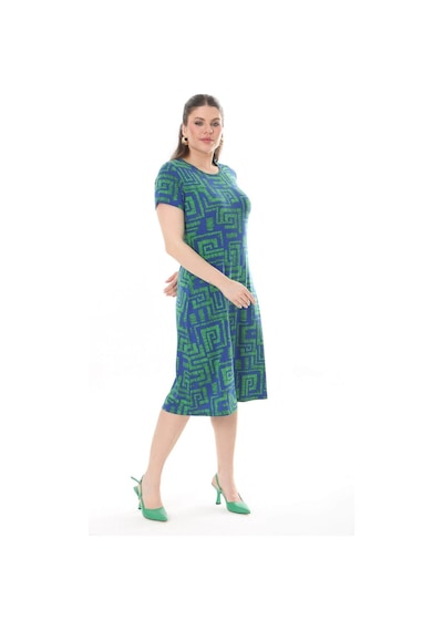 Mooi Xxl Kadın Mavi Yeşil Labirent Desen Midi Elbise-mavi Mavi