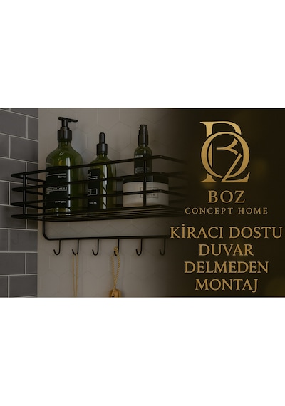 Paslanmaz Yapışkanlı 6 Kancalı Süper Lüks Banyo Düzenleyici,banyo Aksesuar Şampuanlık Banyo Rafı Siyah