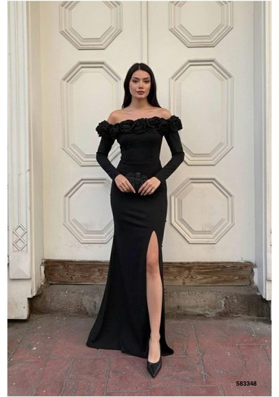 DefyModa Kadın Minimal Esnek Krep Kumaş Straplez Abiye Elbise Siyah