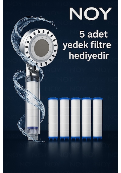 Filtreli Duş Başlığı 5 Yedek Filtre Su Arıtmalı, Klor Ve Kireç Önleyici, Yüksek Basınçlı Beyaz