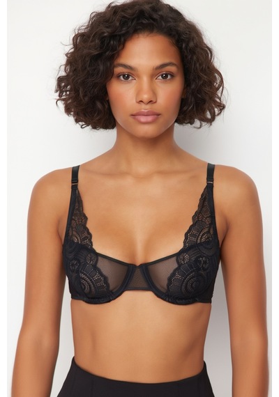 Laperissa Siyah Dantel Tül Detaylı İp Askılı Kapsız T-shirt Bra Örme Sütyen