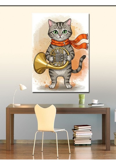 Kanvas Tablo Trombon Çalan Şirin Kedi 70cmx100cm