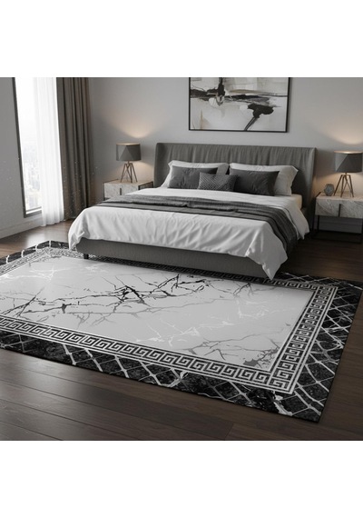 Siyah Gri Mermer Desenli Dijital Baskılı Halı Kaymaz Taban Modern Geometrik Çerçeve Salon Oda Halısı