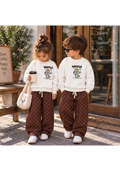 Waffle Baskılı Sweatshirt Ve Kahverengi Kareli Eşofman Alt Üst Takım Süper Kalite