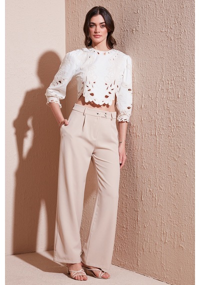Lela Standart Fit Yüksek Bel Bol Paça Bayan Pantolon 6522280 Taş