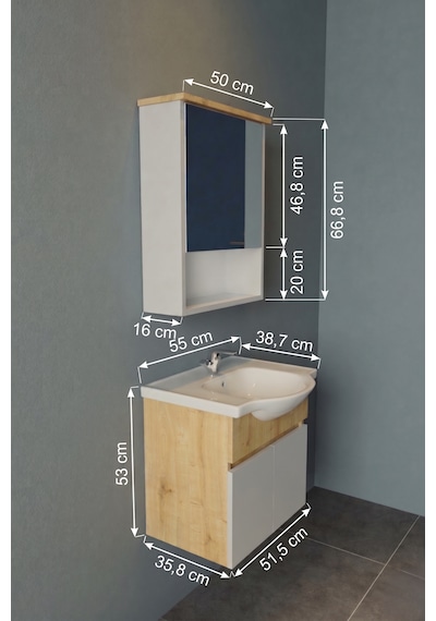 Darende 55cm Seramik Lavabolu Mdf Aynalı Banyo Dolabı Ahşap - Beyaz