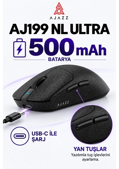 Ajazz Aj199 Nl Ultra Paw3950 8000 Hz Kablosuz Oyuncu Mouse Siyah