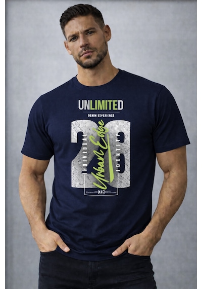Herkesemoda Unlımıted Yazı Detaylı Basic T-shirt Lacivert