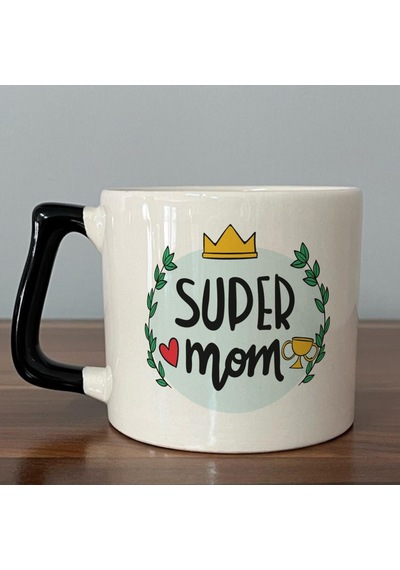 Super Mom Yazı Baskılı Siyah Kulplu D Kupa