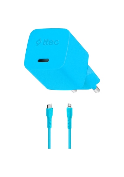 Ttec Smartcharger Gan 20W PD Seyahat Hızlı Şarj Aleti + USB-C - Lightning 120 CM Kablo Neon Mavi