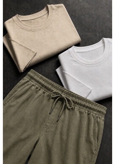 Erkek Keten Haki Şort & Bej-beyaz Basic Pamuklu 2 Li Set Tişört Premium Rahat Kalıp 3 Lü Yazlık Takım Bej+beyaz-tişört/haki-şort