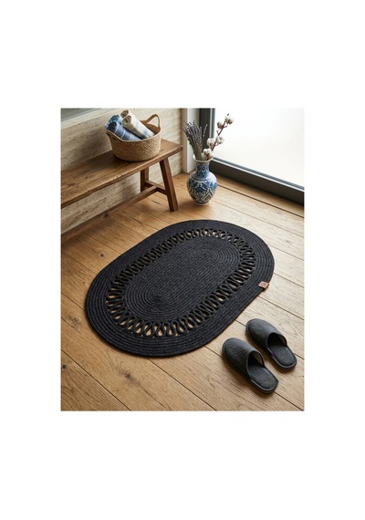 Oval Siyah Örgü Desenli Hasır 2'li Dekoratif Paspas Set 40x60 / 50x80 Siyah Siyah