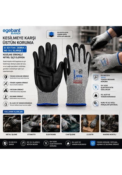 10 Adet Zebra No 10 Xlarge Kesilme Dirençli Nitril İşçi Eldiven Bandı 5332