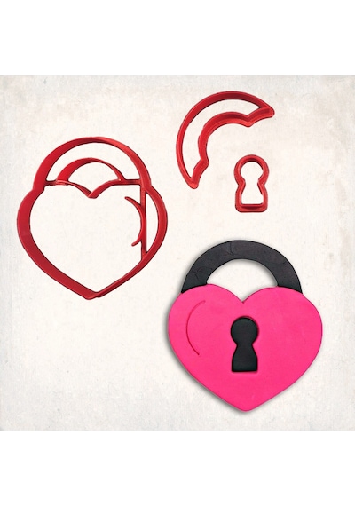 Kalp Asma Kilit Detay Kurabiye Kalıp Seti 3 Lü KIrmızı