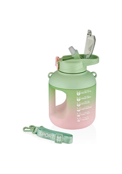 Vagonlife 1100 Ml Çift Renk Pipetli Taşıma Askılı Ve Kulplu Motivasyon Su Matarası Sticker Hediyeli Vgn2302-yeşil