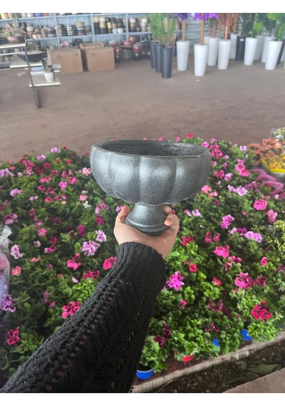 Antrasit Simli Kadeh Taş Saksı - Lüks Ayaklı Büyük Boy Dekoratif Saksı - El Yapımı Şık Çiçeklik