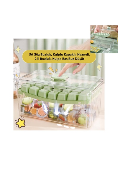 Renkli 56 Göz Buzluk, Kulplu Kapaklı, Ribbed Desen Hazneli, 2 Li Buzluk, Kulpa Bas Buz Düşür Karışık Renkli