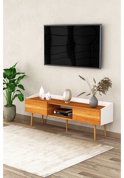 Asra Trend Tv Ünitesi Tv Sehpası T-28 %100 MDF Ayaklı Modern Medya Ünitesi Beyaz - Petra