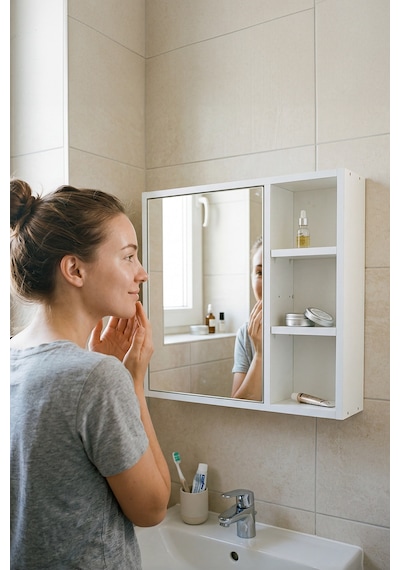 Aynalı, Açık Raflı, Bas-aç Kapaklı Banyo Dolabı 5980 Beyaz