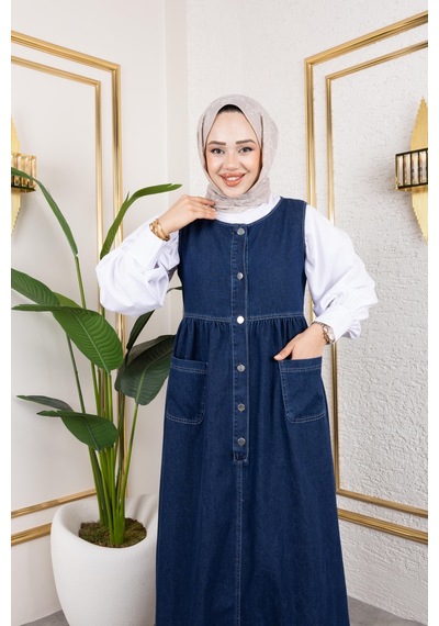 Harmatime Kadın Düğmeli Bel Büzgülü Lacivert Kot Jile