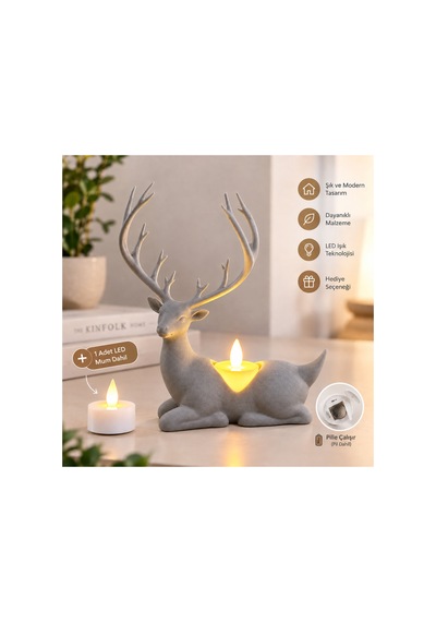 Geyik Biblo Mumluk Led Tealight Mumlu Dekoratif Masa Ve Ev Süsü, 18 Cm - Mavi Açık
