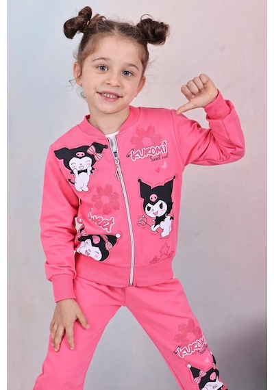 Karakter Baskılı Penye Ceketli - Penye Sweatshirt - Penye Pantolonlu Kız Çocuk 3lü Takım Fuşya