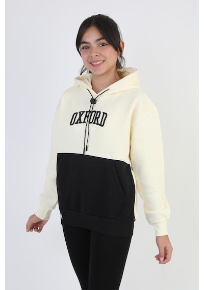 Kapşonlu Oxford Baskılı Kanguru Cepli Kız Çocuk Sweatshirt-90864 Krem