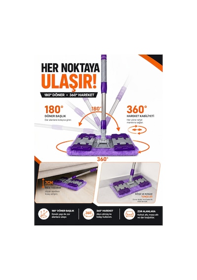 Mandallı Mop Paspas Kıskaçlı Bez Takmalı Yer, Duvar Ve Cam Temizlik Mopu 1 Adet Yedek Bez Hediyeli 180 Döner Başlık Teleskopik Sap 88-132 Cm 2'li Set