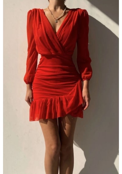 Munora Butik Drapeli Kolları Tül Kırmızı Elbise Kırmızı Kırmızı