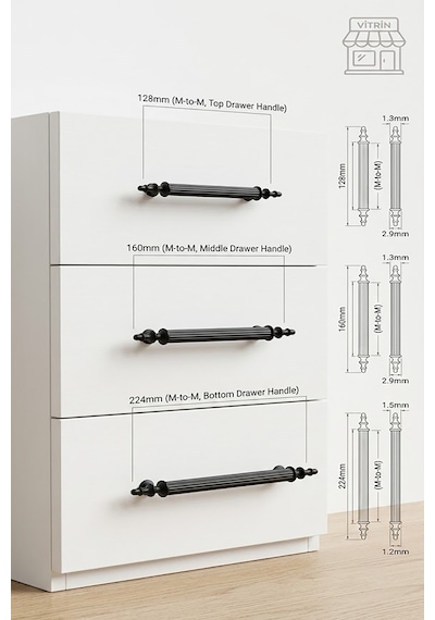 Sude Model Siyah Serisi Lüks Mobilya Kulpu 128 Mm - 160 Mm - 224 Mm Seçenekli, Seçtiğiniz Ebat 2 Adet Gelir Siyah 128mm