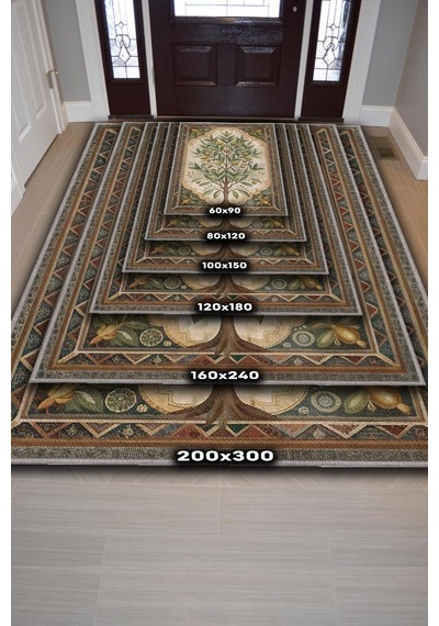 Homshtag Art Deco Zeytin Ağacı Halısı Bitki Temalı Soft Yeşil Renk Etnik Dijital Baskı Çiçekli Halı Çok Renkli
