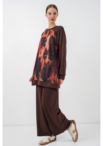 Bigdart Kadın Desenli Oversize Tunik Pantolon İkili Takım 55462 - Kahverengi