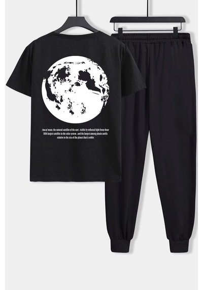 Uyguntarz Unisex The Moon Baskılı 2'li Eşofman Takımı Siyah