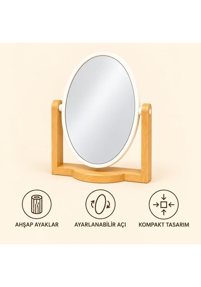 Tr Ahşap Ayaklı Oval Masa Aynası, 19,5 X 16,5 Cm Orta Boy, Ayarlanabilir Açılı Beyaz Çerçeveli Makyaj Ve Kişise Genel